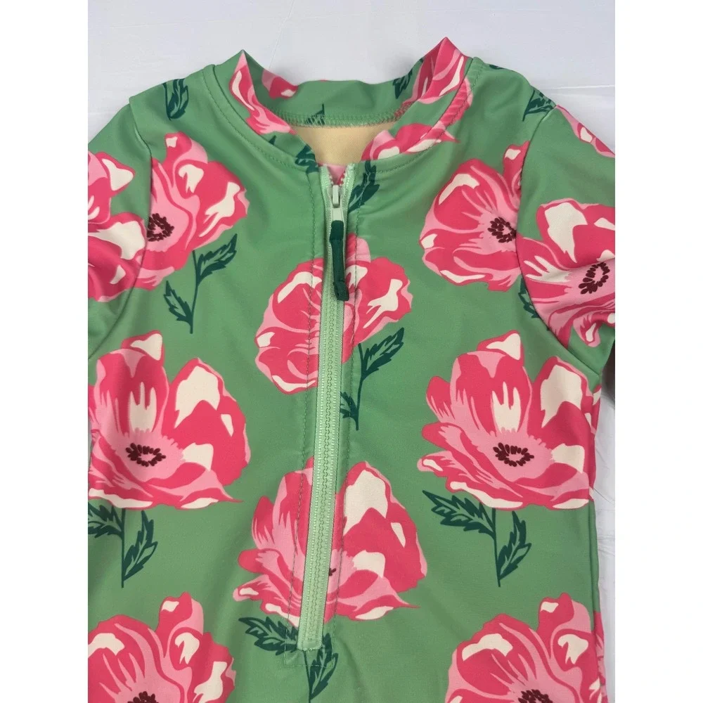 Pink Chicken Girls Green Pink Floral Long Sleeve Rash Guard Swimsuit Size‎ 6Y